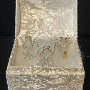 Vintage Spun Glass Angel Figurines Set of 3 Gold Trim Miniature Christmas Decor